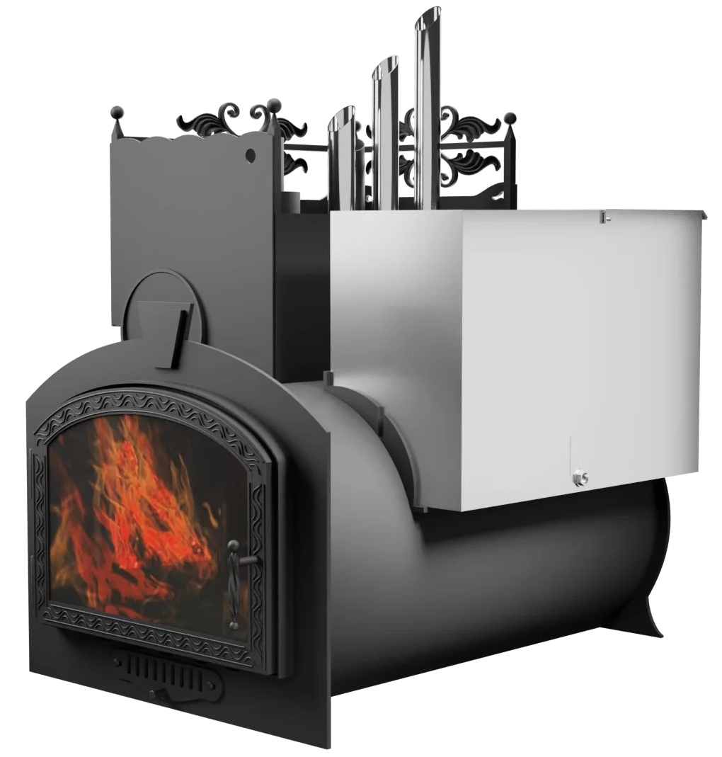 Печь Горыныч 3, каменка закрытая с парогенератором с левой стороны, большая дверь со стеклом фото в Ростове-на-Дону